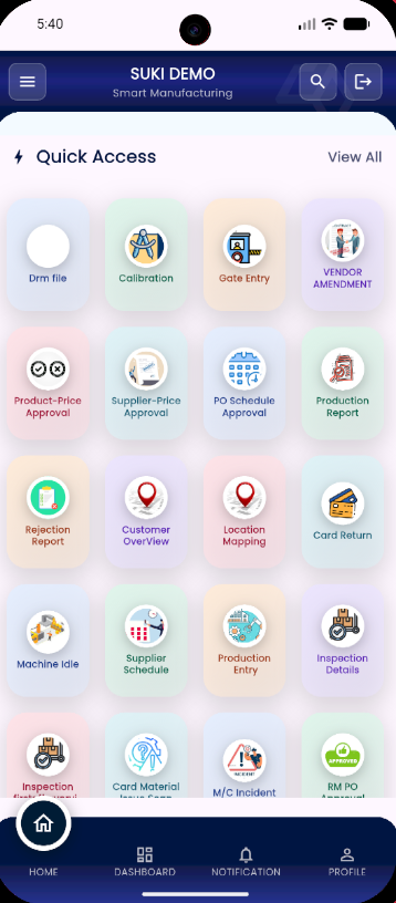 SUKI Smart Manufacturing app – quick access modules