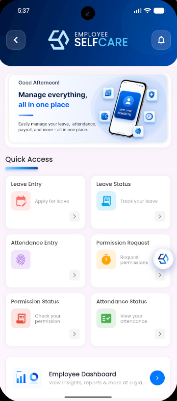 SUKI Employee Self Care app – quick access menu